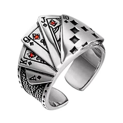 Men Silver-Toned Poker Engraved Stainless Steel Ring