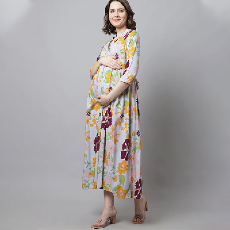 Women Grey & Maroon Floral Maternity Empire Midi Dress