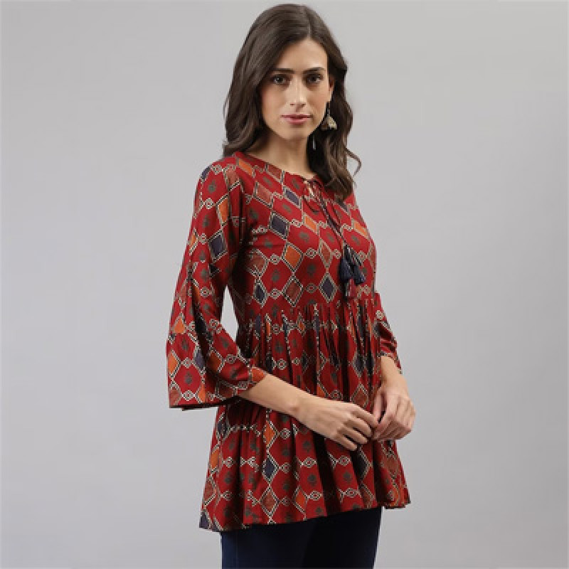 Maroon & Navy Blue Printed Cotton Tunic