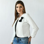 Women White & Black Polyester Crop Shrug