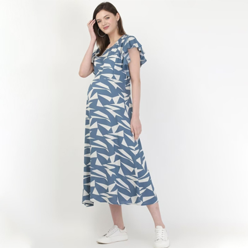 Women Blue & White Maternity Midi Dress