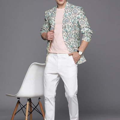 Men Cream Coloured & Green Printed Blazer