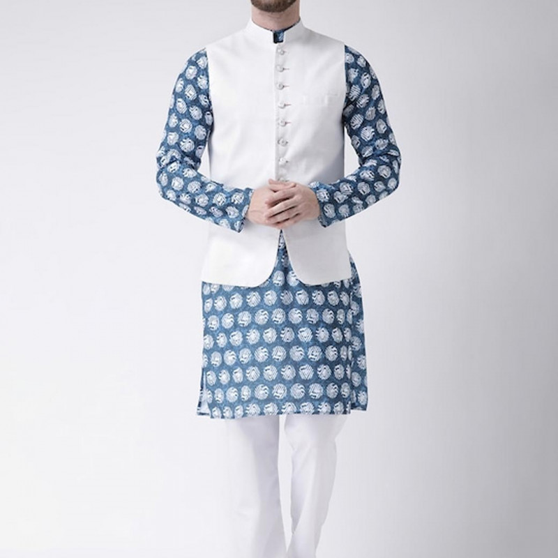 Men White Floral Printed Kurta with Churidar