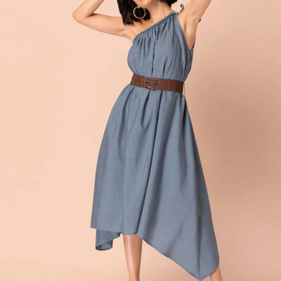 Blue One Shoulder Dress with Leather Belt