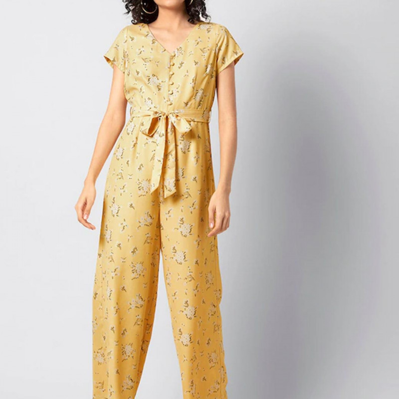 Women Yellow Printed Basic Jumpsuit