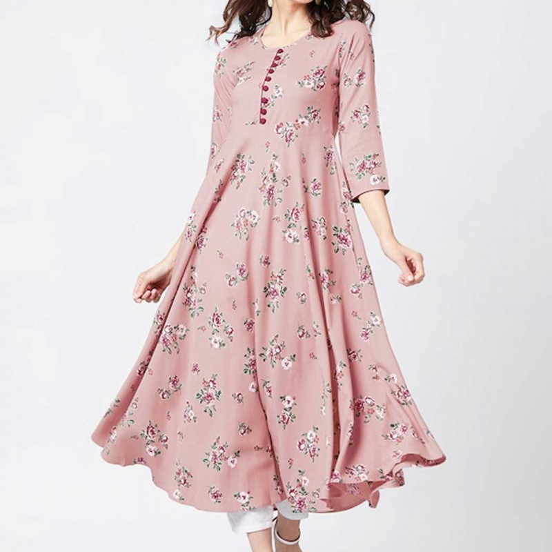 Women Pink Floral Print Anarkali Kurta