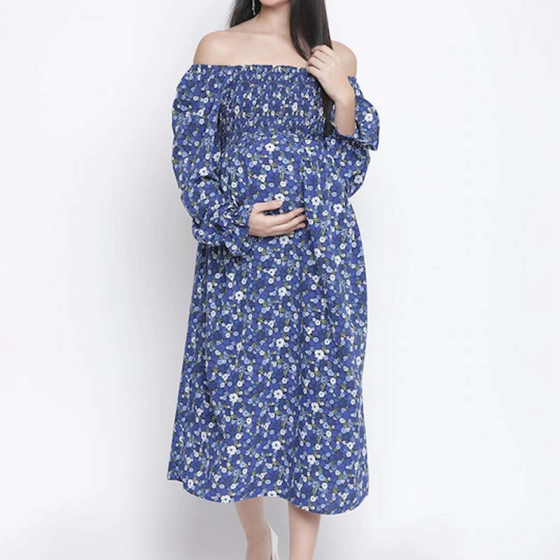 Blue & White Floral Off-Shoulder Satin Maternity Midi Dress