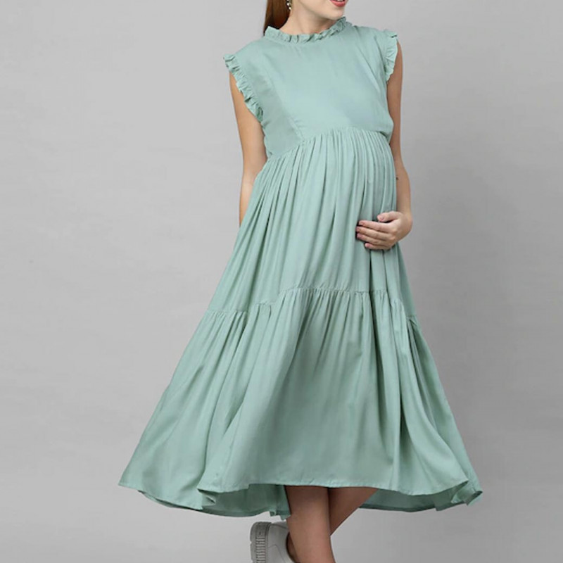 Green Maternity A-Line Midi Nursing Dress