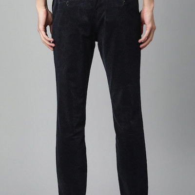 Men Navy Blue Mid Rise Corduroy Trousers